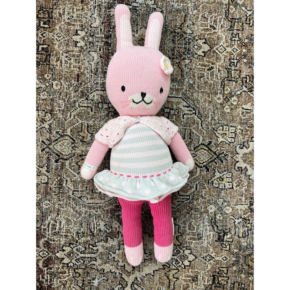 Pink Knitted Bunny Toy cuddle + kind